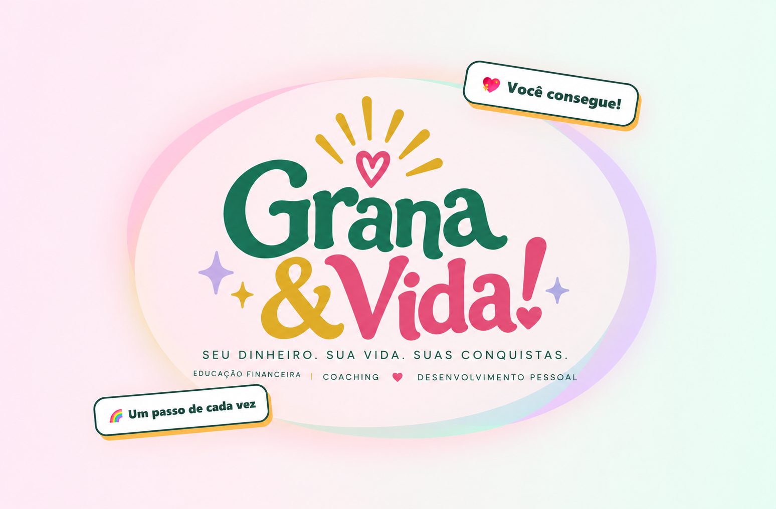 Logo Grana & Vida! em verde, rosa e amarelo com estrelinhas